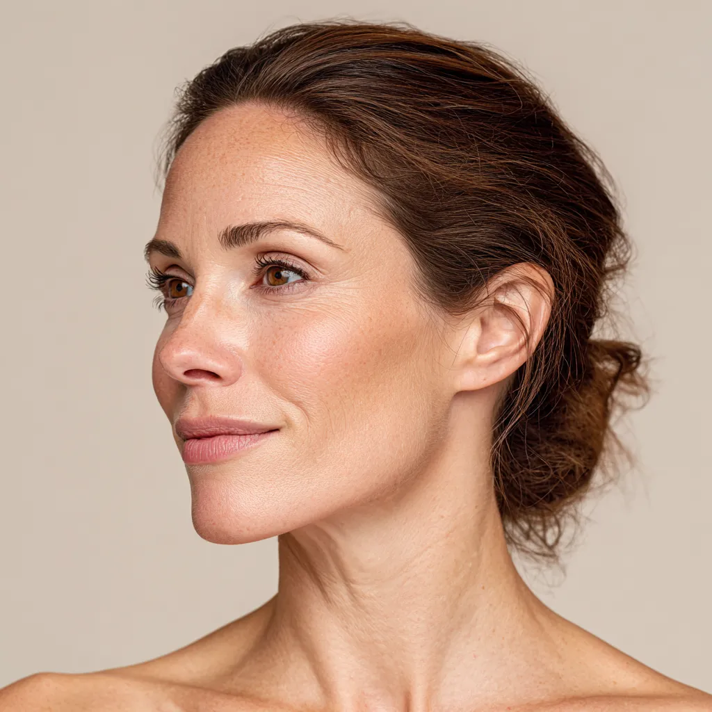 Woman with closed eyes and gentle smile, representing beauty and skincare